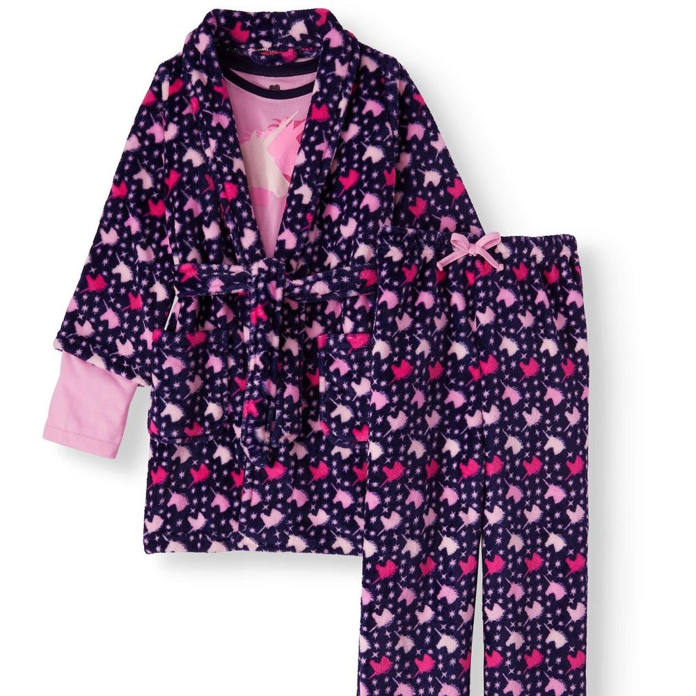 New 3Pc Set Fleece Robe and Matching Pajamas